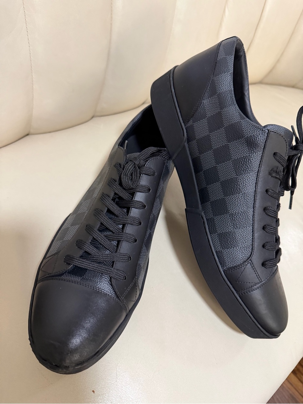 Louis Vuitton Men's Low-Top Checkered Leather Sneakers - Black